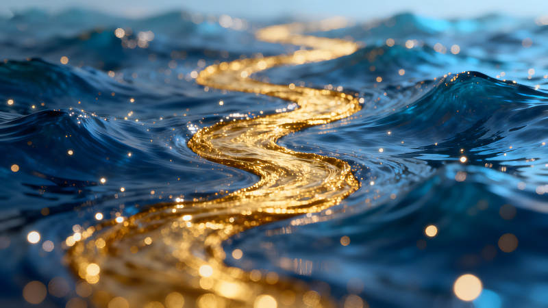 金光閃閃的河流穿過大海-圖片