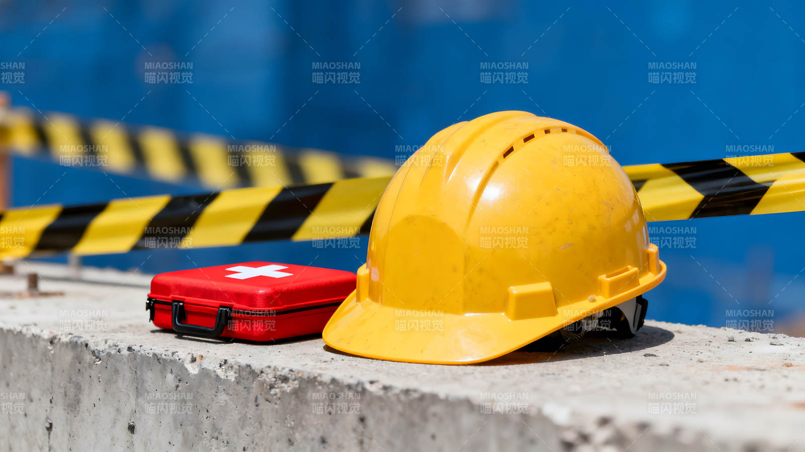 施工安全場景黃色頭盔急救箱-圖片