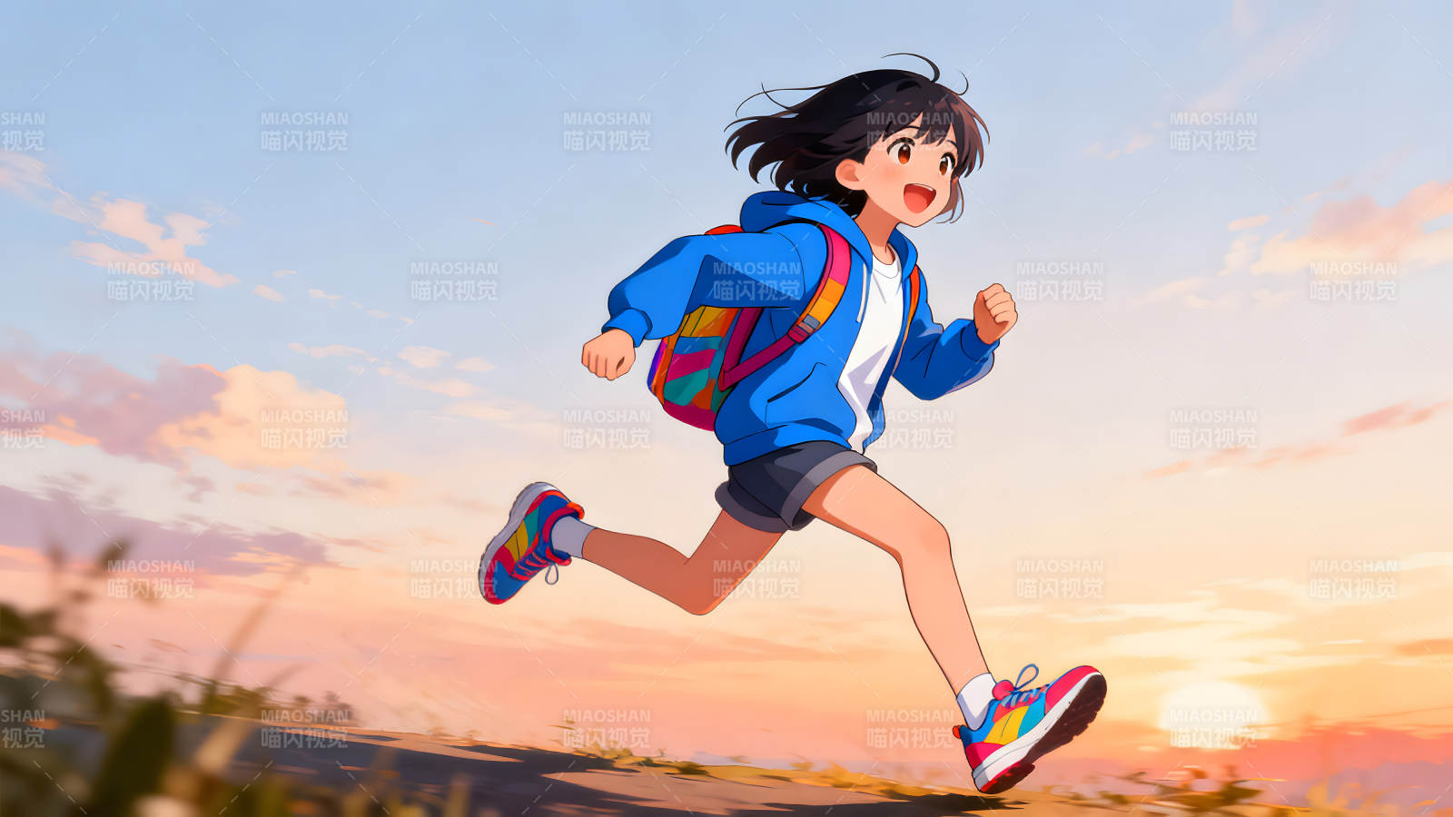 奔跑的女孩在夕阳下图片