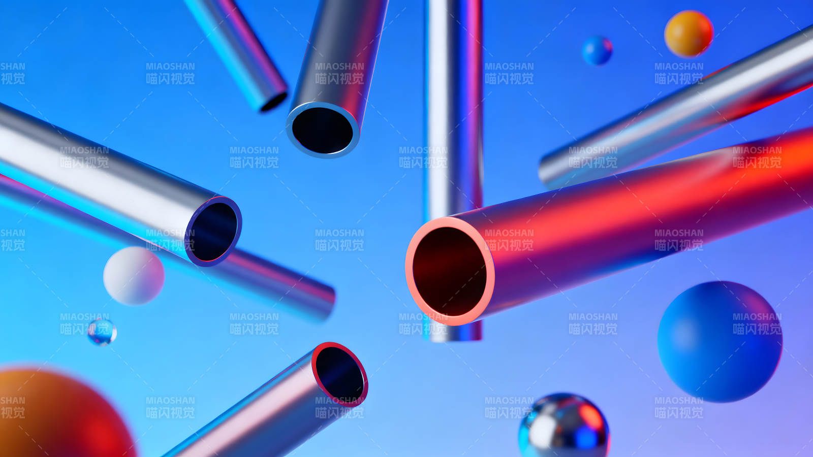 金属管和球体在蓝色背景上-图片