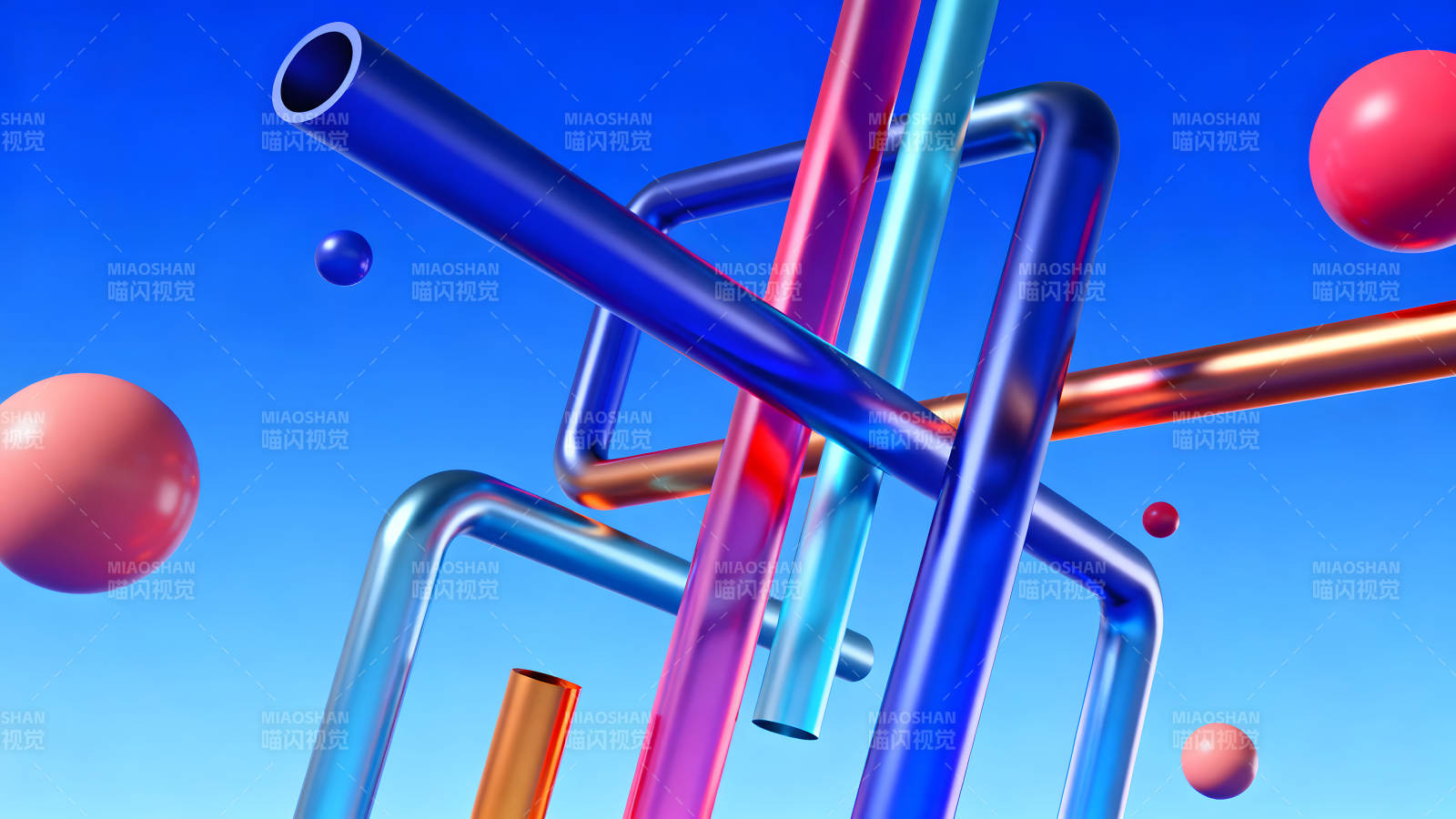 彩色管道与球体在蓝色背景下的艺术组合-图片