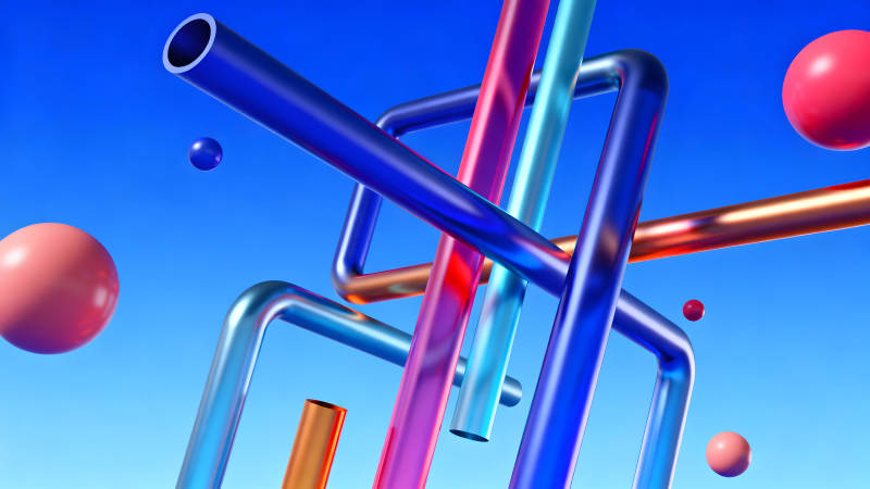 彩色管道与球体在蓝色背景下的艺术组合-图片