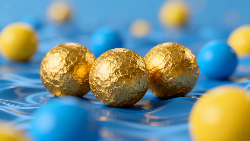 金色球体漂浮于蓝色背景上-图片