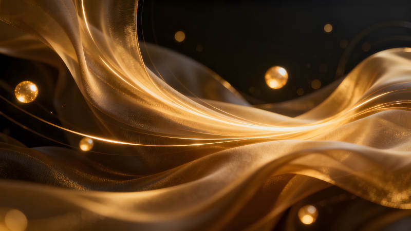 金色絲綢與光球的華麗景象-圖片