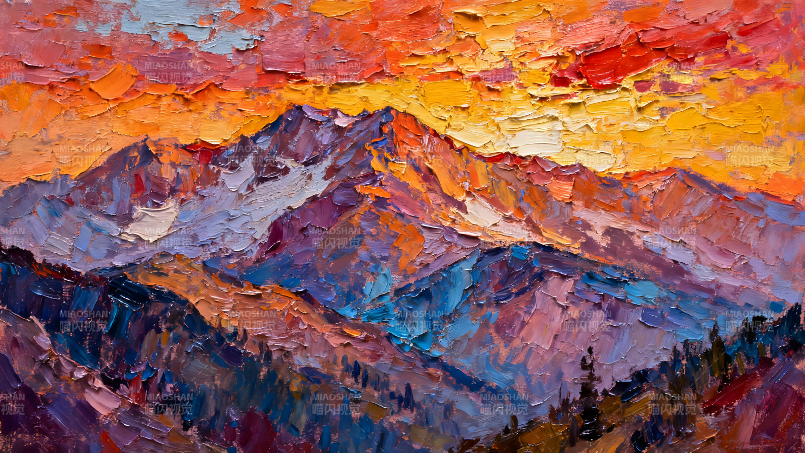 壮丽山景油画晚霞映照群山图片