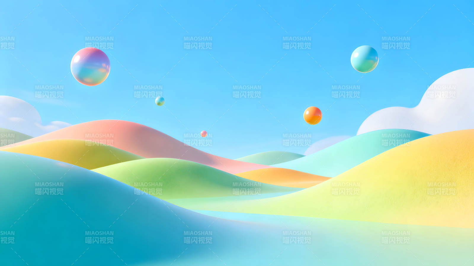 彩色山丘与悬浮球体-图片