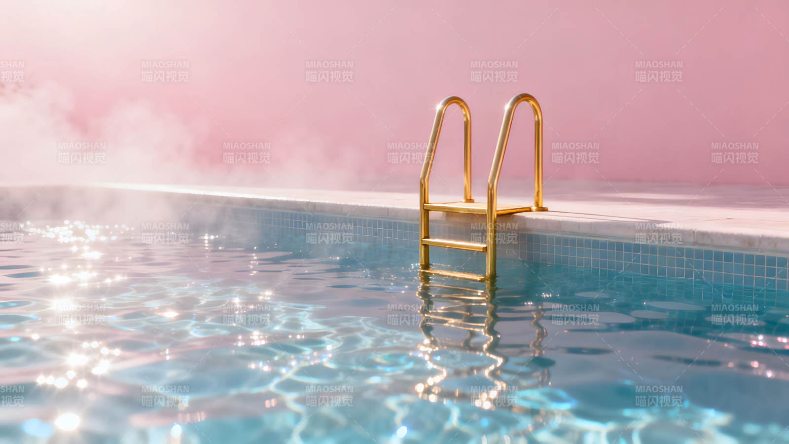 金色梯子與粉色背景下的泳池圖片
