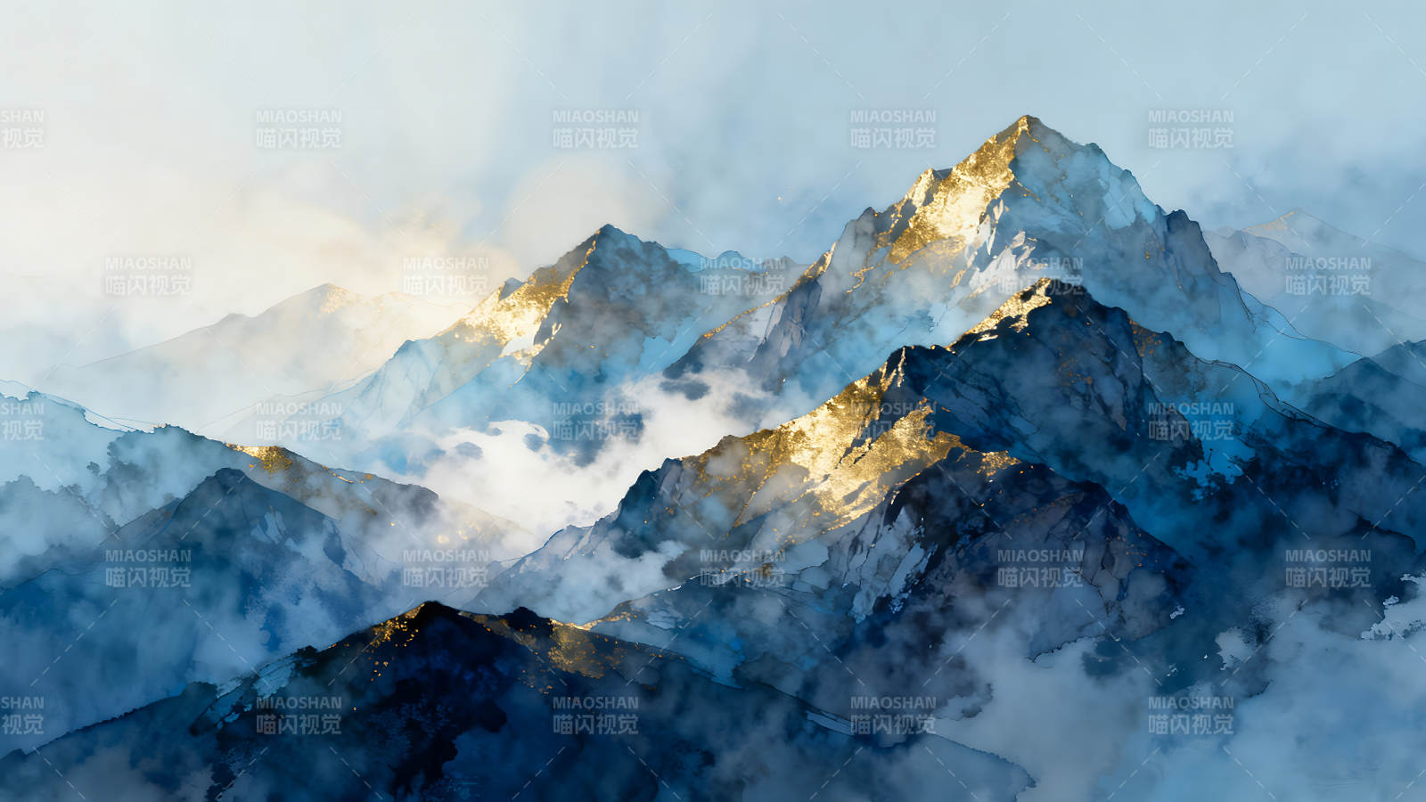 水墨山峰閃耀金光縹緲云霧-圖片