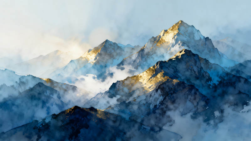 水墨山峰閃耀金光縹緲云霧-圖片
