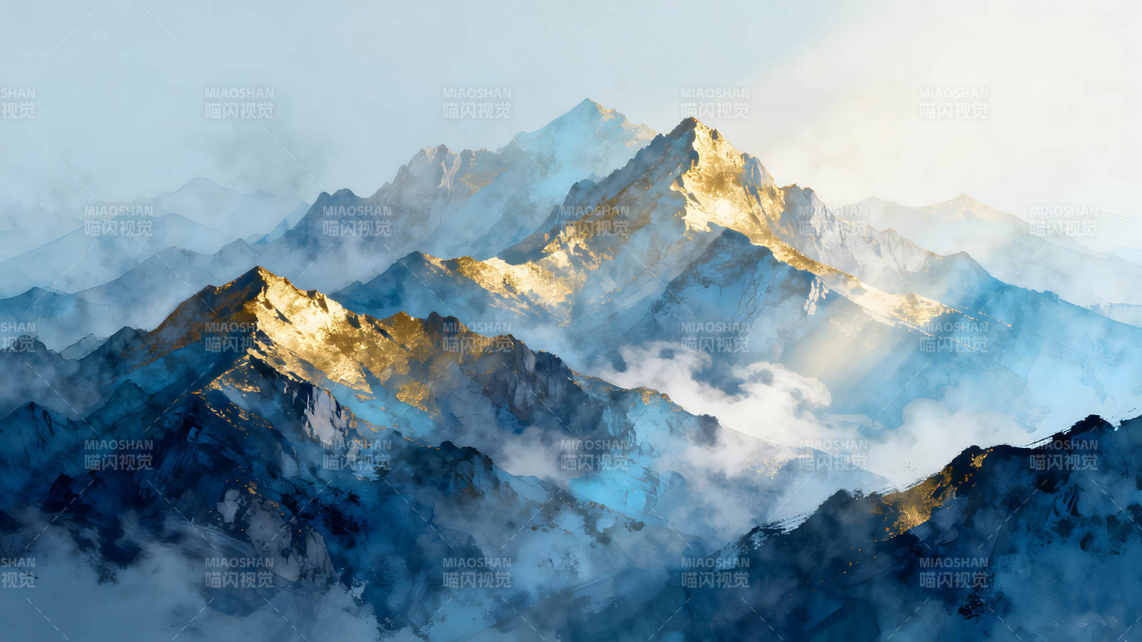 金色山峰云霧繚繞的繪畫作品-圖片