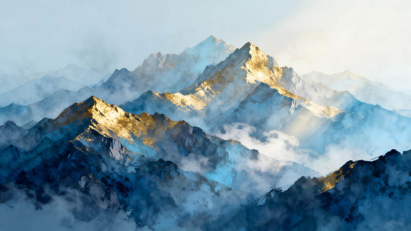 金色山峰云霧繚繞的繪畫作品-圖片