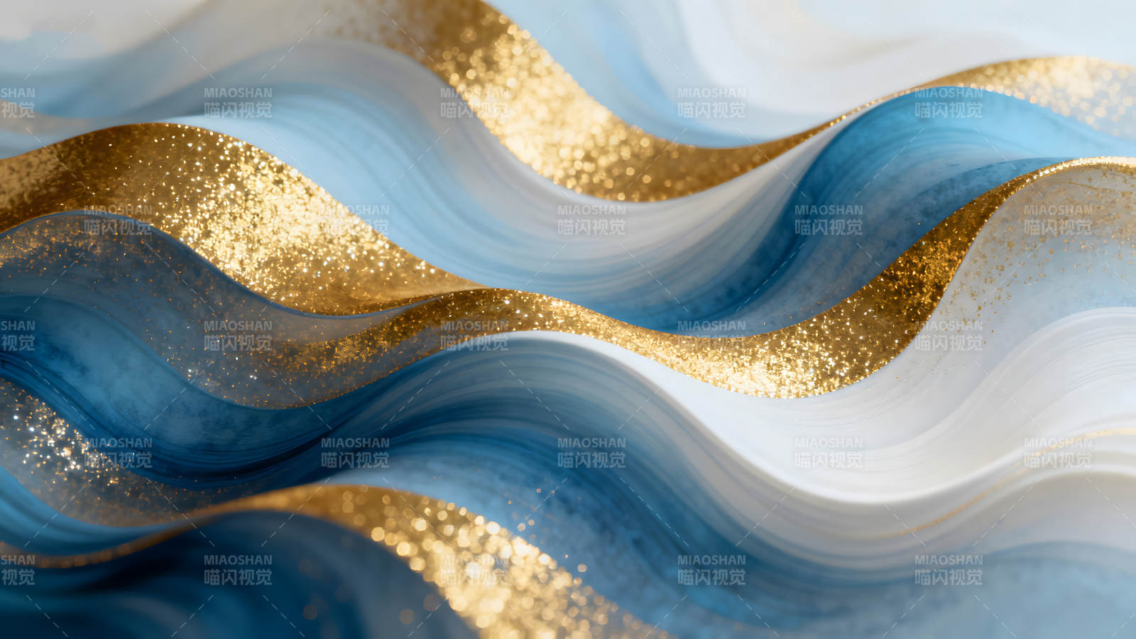 藍色與金色的波浪抽象藝術-圖片