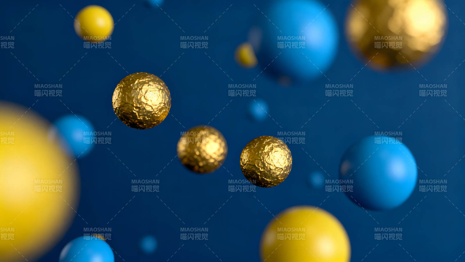 蓝色背景上的金色黄色球体漂浮-图片