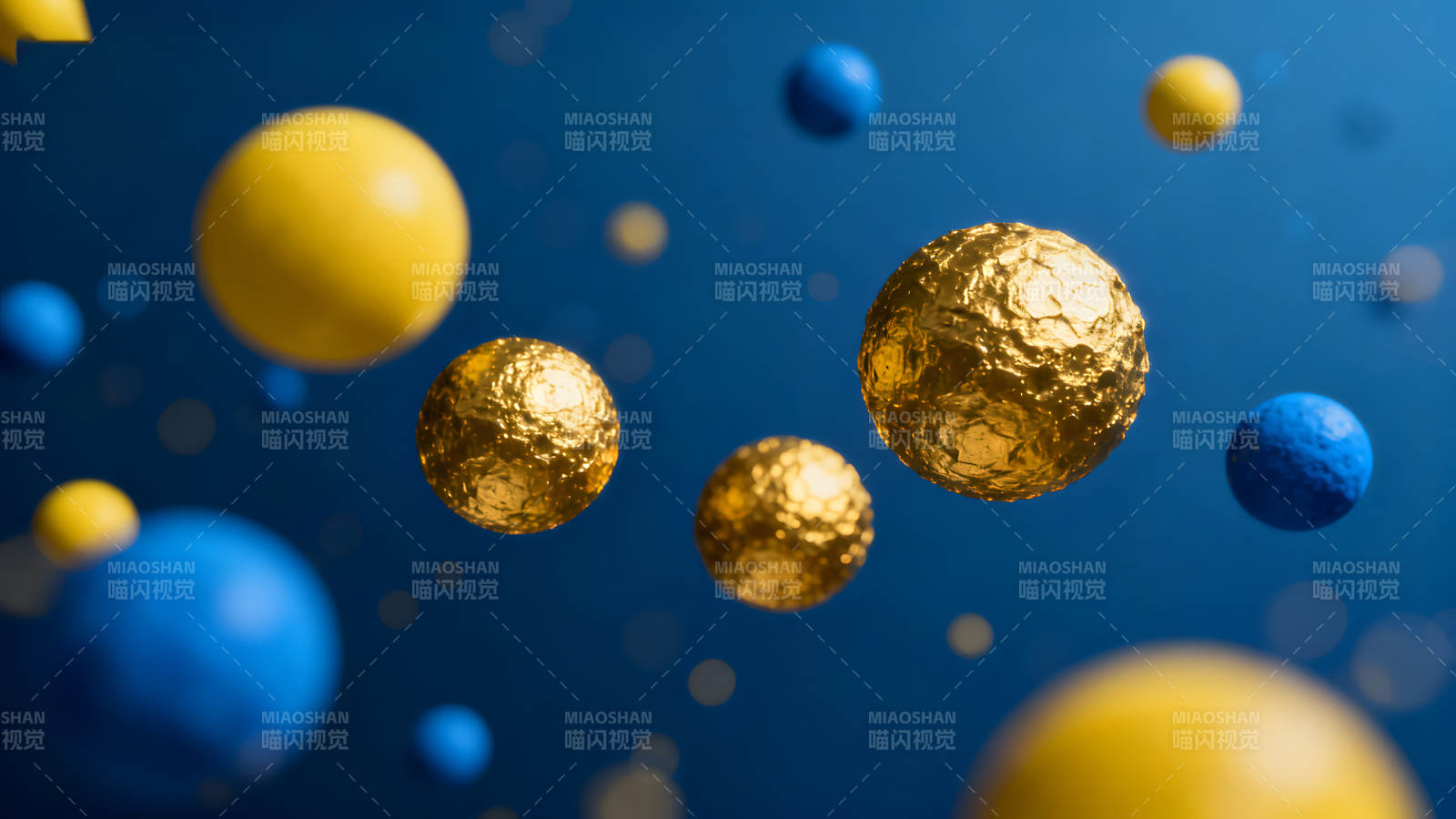 懸浮金色藍色球體抽象藝術-圖片