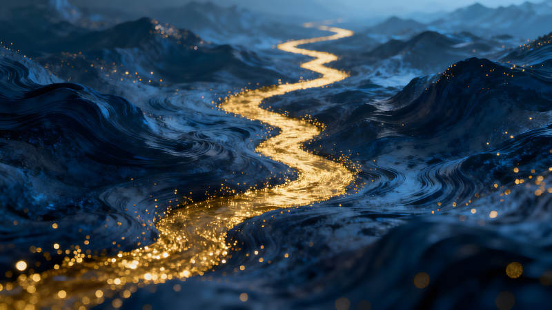 夜幕下闪耀的光之河流淌在波涛汹涌的海面上-图片