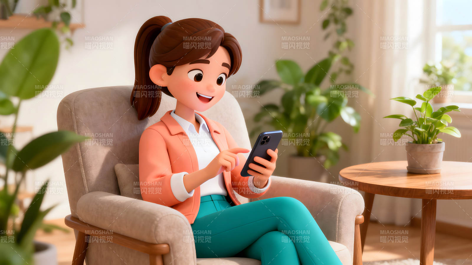 卡通人物玩手机场景图片