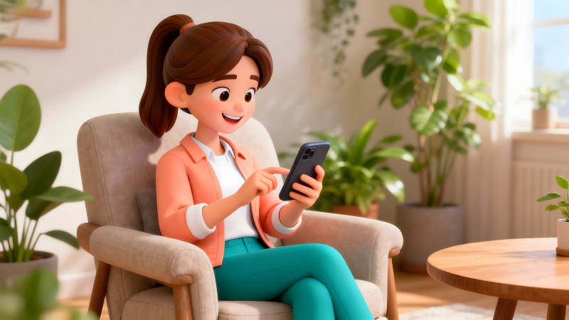 卡通女子看手機家居休閑場景-圖片