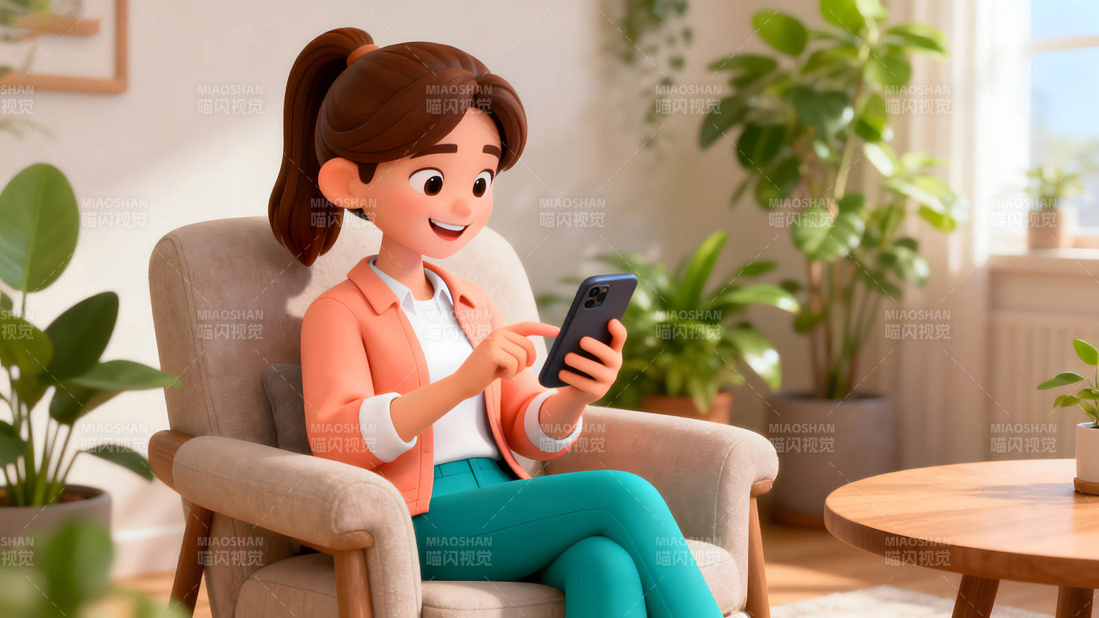 卡通女子看手機(jī)家居休閑場景-圖片