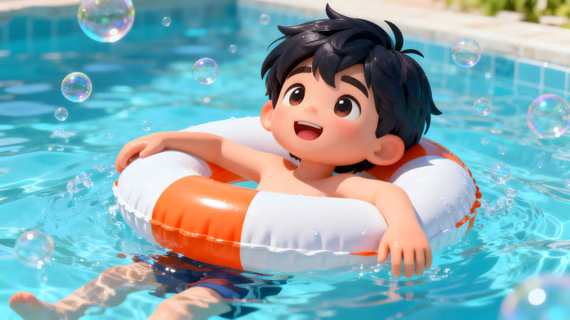 卡通男孩游泳玩耍气泡-图片