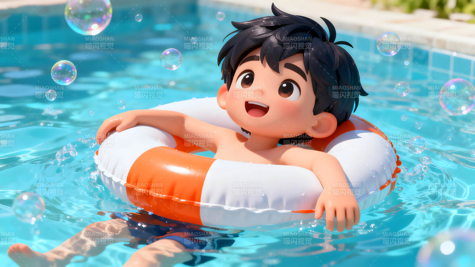 卡通男孩游泳玩耍气泡图片