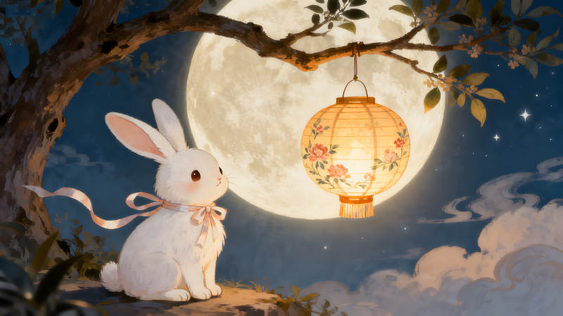 月夜兔子賞燈-圖片
