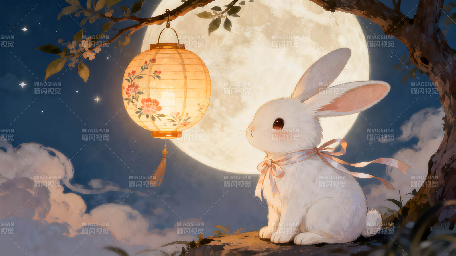 月下玉兔賞燈唯美意境-圖片