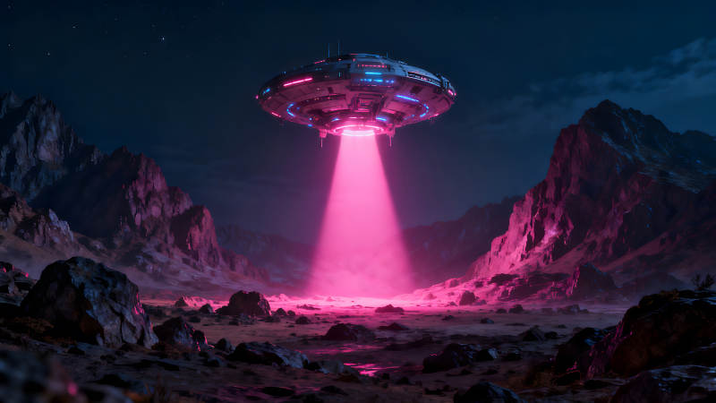 夜幕下飛碟降臨荒漠地帶-圖片