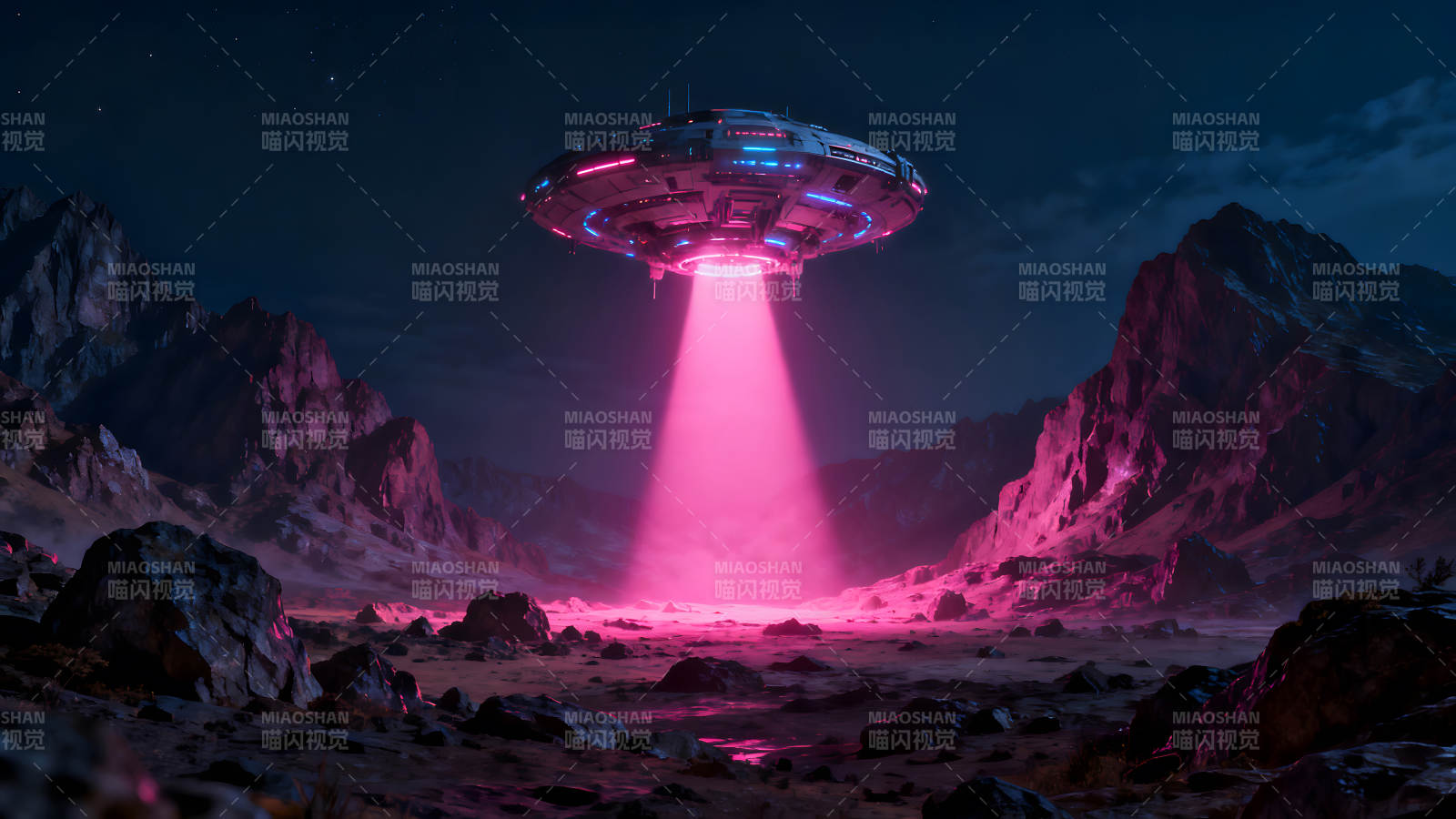 夜幕下飛碟降臨荒漠地帶圖片