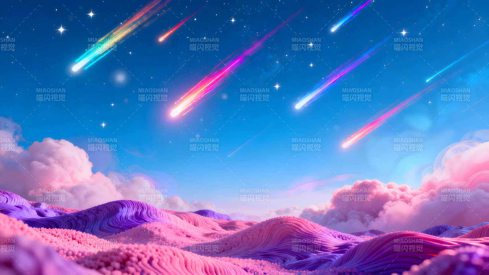 流星划过梦幻星球绚烂星空下的粉色世界-图片