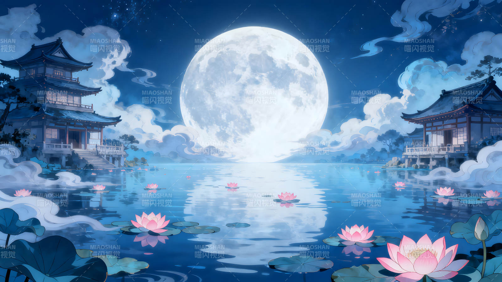 月下荷塘景色唯美靜謐-圖片