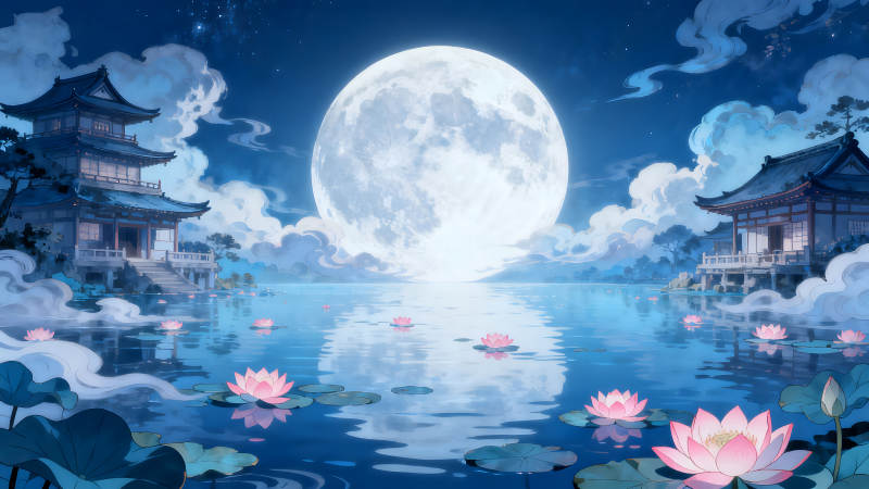 月下荷塘景色唯美靜謐-圖片