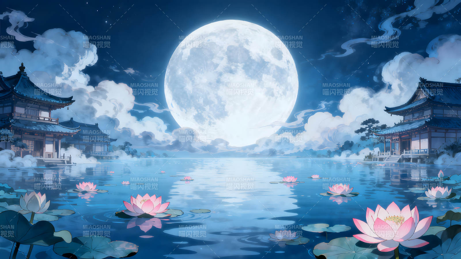 月夜蓮池美景靜謐祥和-圖片