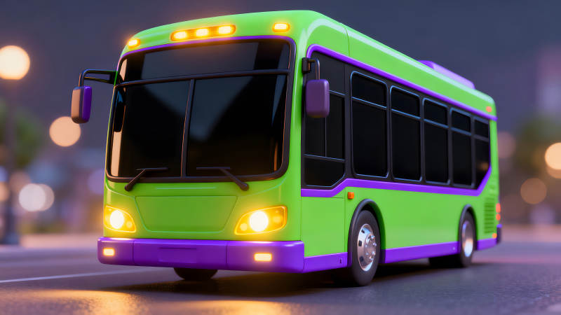 卡通风格绿色巴士在夜晚行驶-图片