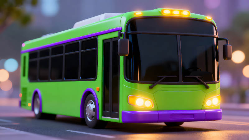 卡通绿色巴士行驶在道路上图片