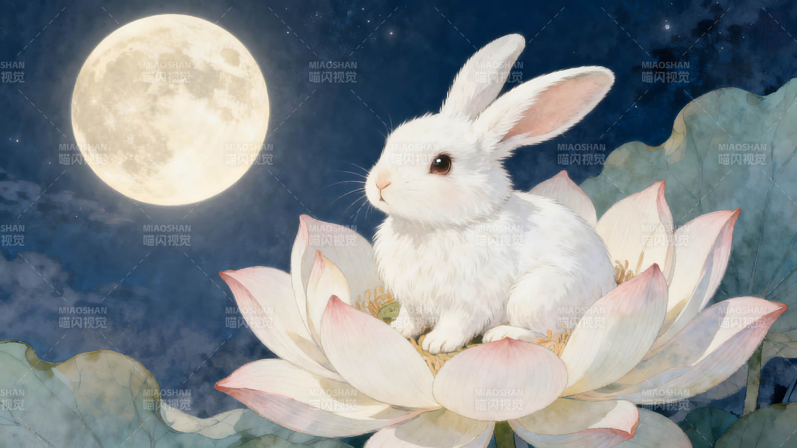 月下玉兔坐莲赏月-图片