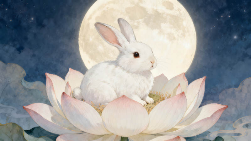 玉兔賞月蓮花皎潔-圖片