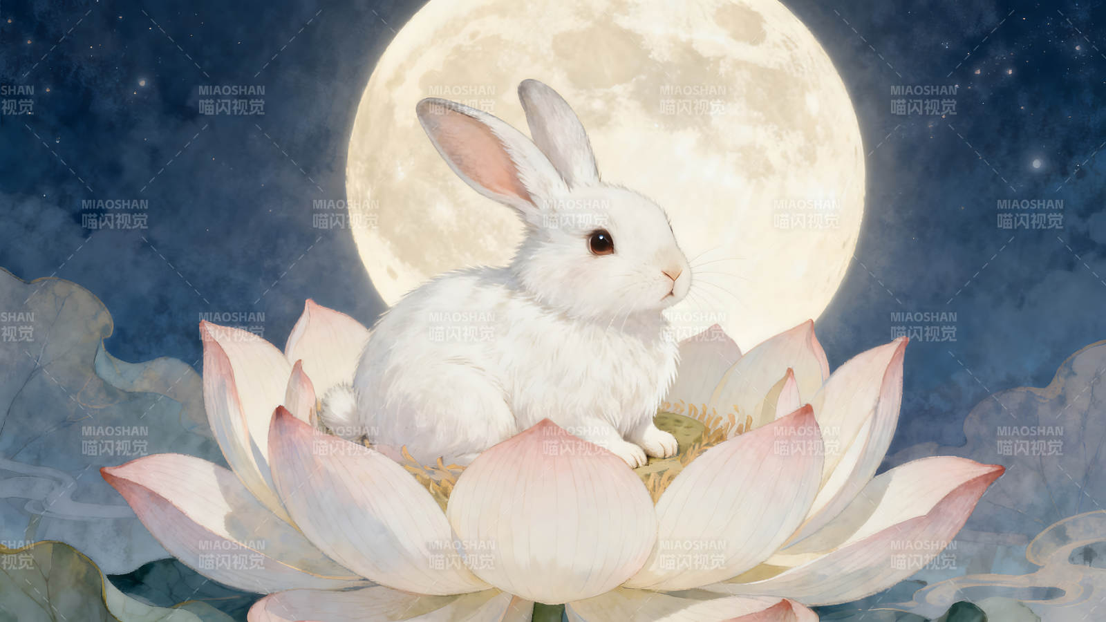 玉兔賞月蓮花皎潔-圖片