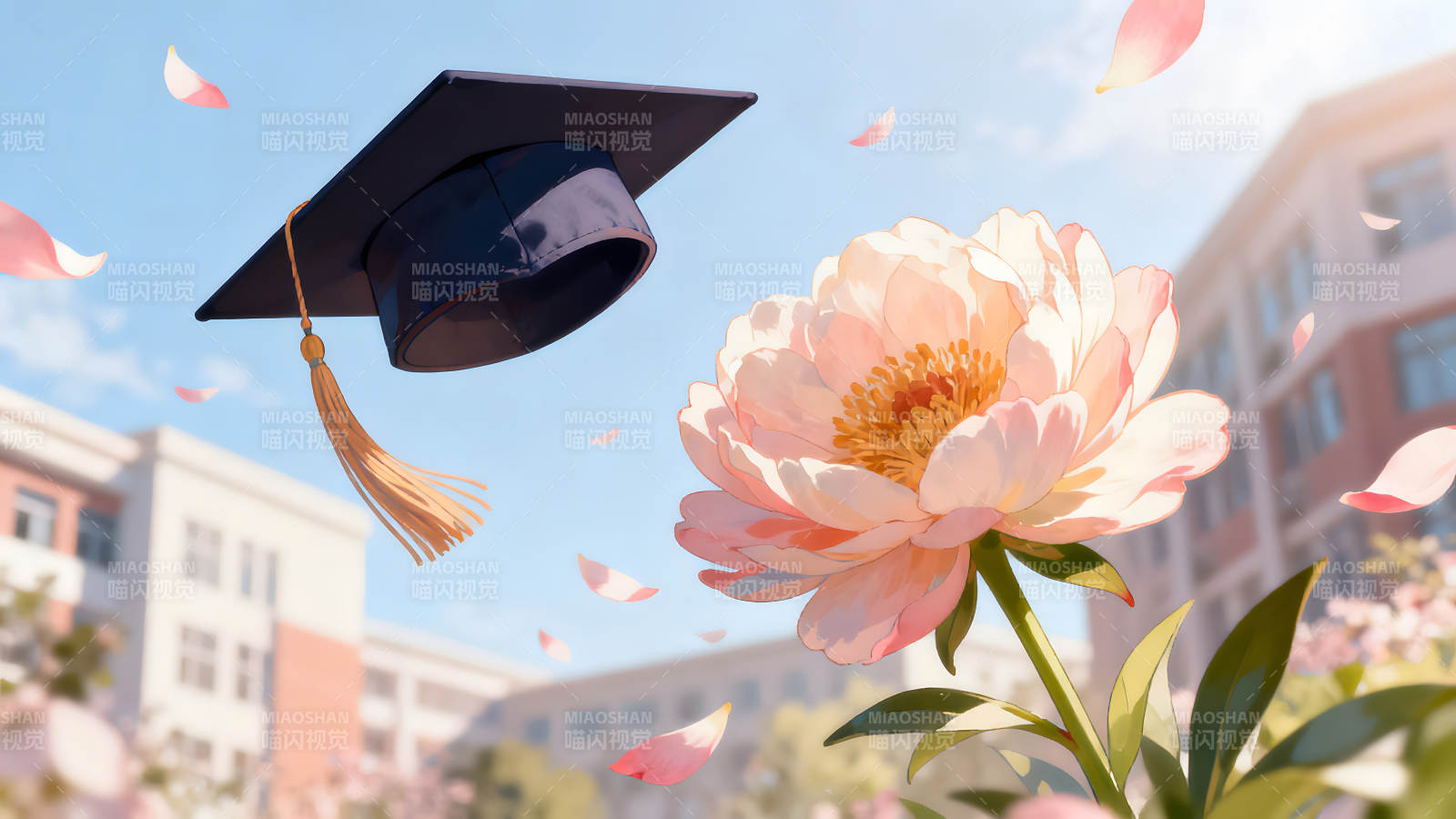 畢業季的祝福花朵與學士帽飛舞圖片