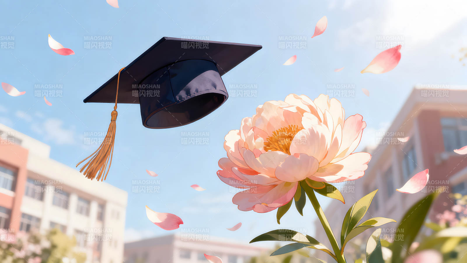 毕业季景象鲜花与学士帽同框-图片