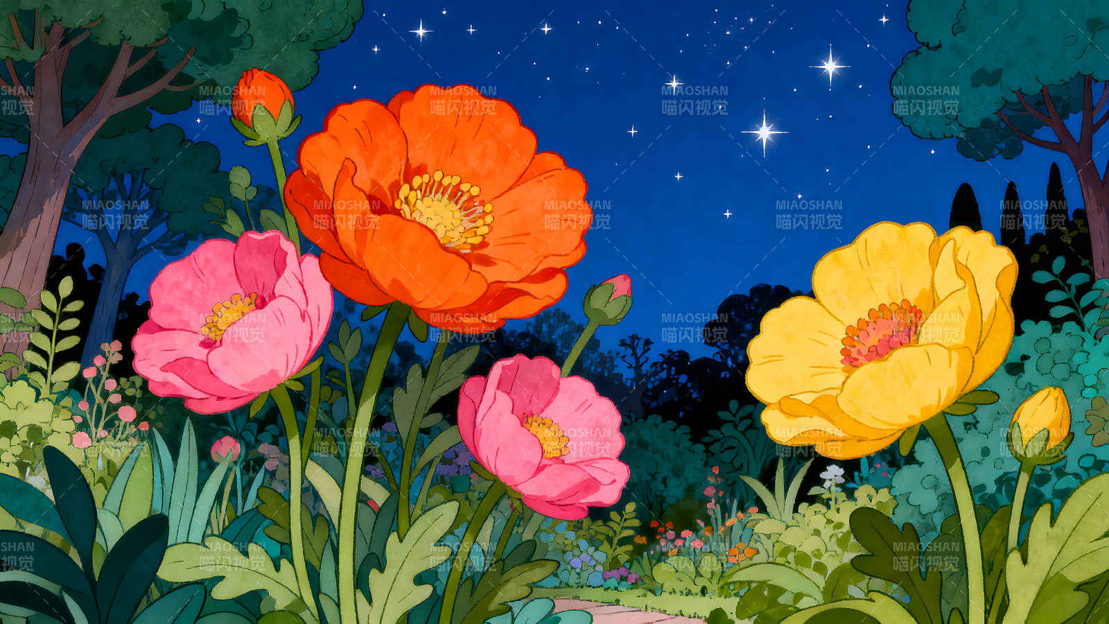 花園夜景鮮花盛開星光點點-圖片