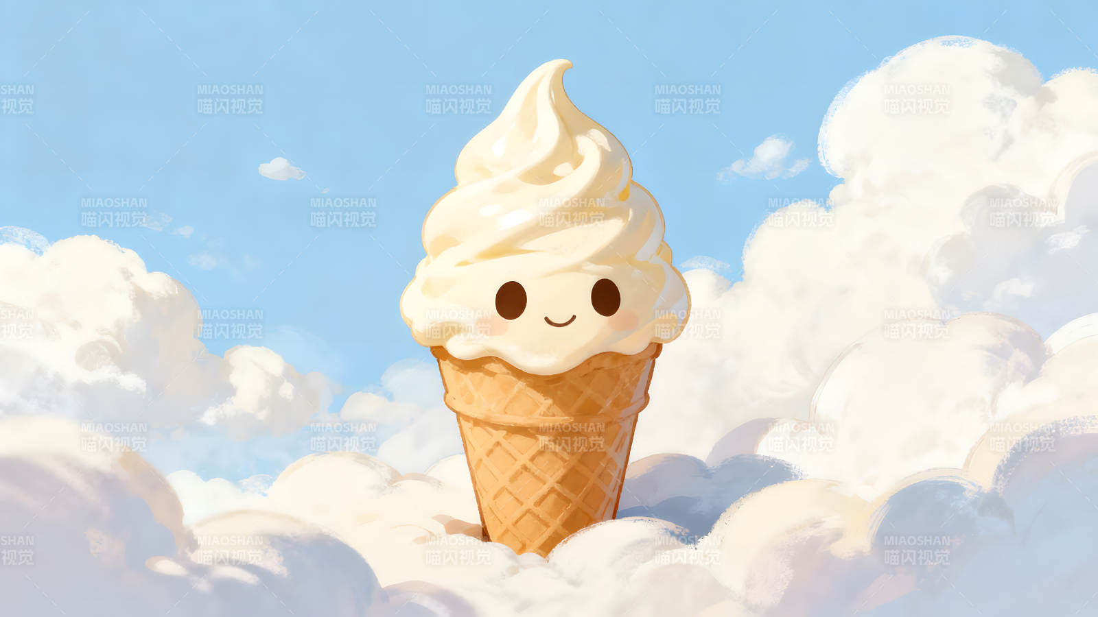 可爱冰淇淋在云朵中笑图片
