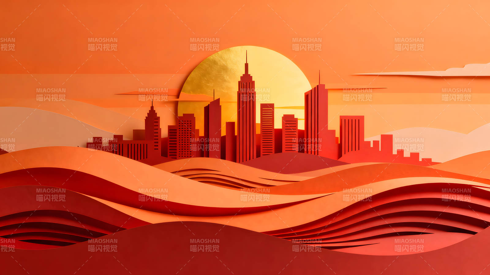 剪纸风格的城市剪影夕阳-图片