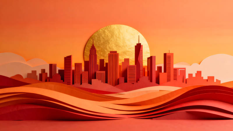 紙藝城市日出風景-圖片