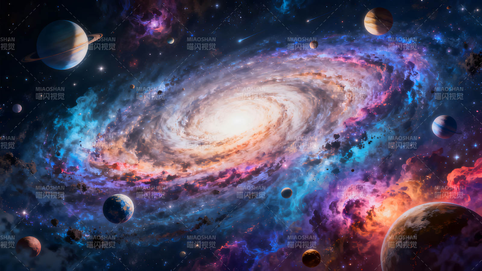 浩瀚宇宙星系与行星交相辉映景象-图片