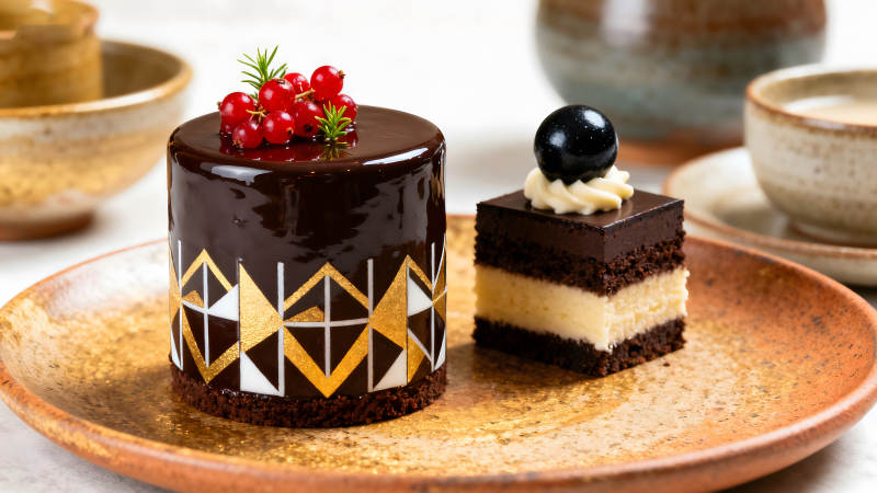 精致甜點(diǎn)巧克力蛋糕紅果裝飾圖片