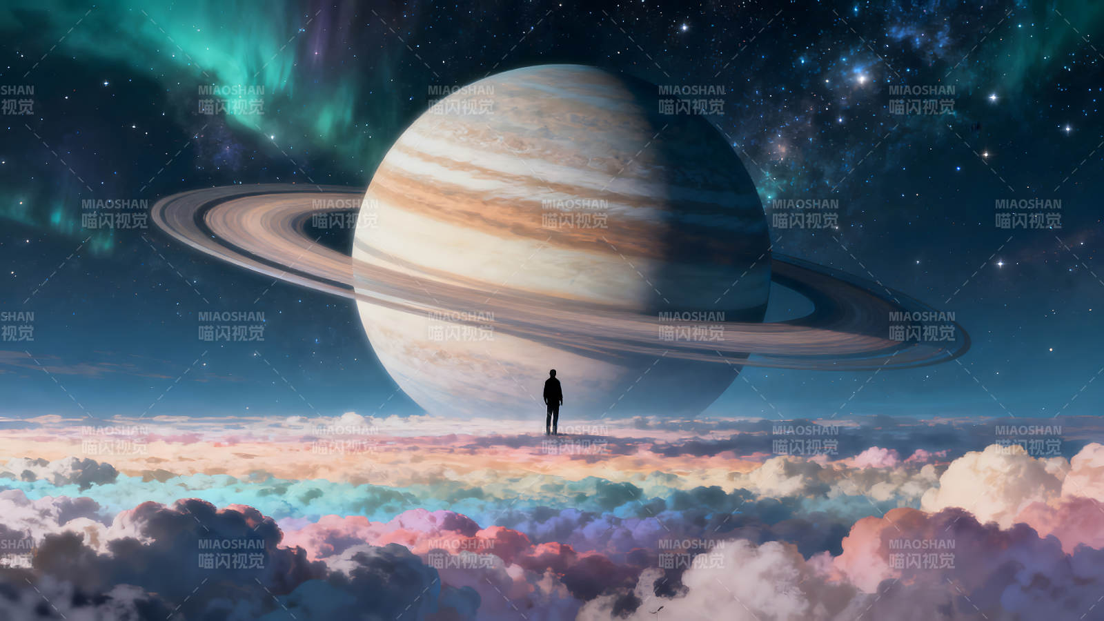 梦幻般的宇宙景象一人伫立在云海之上-图片