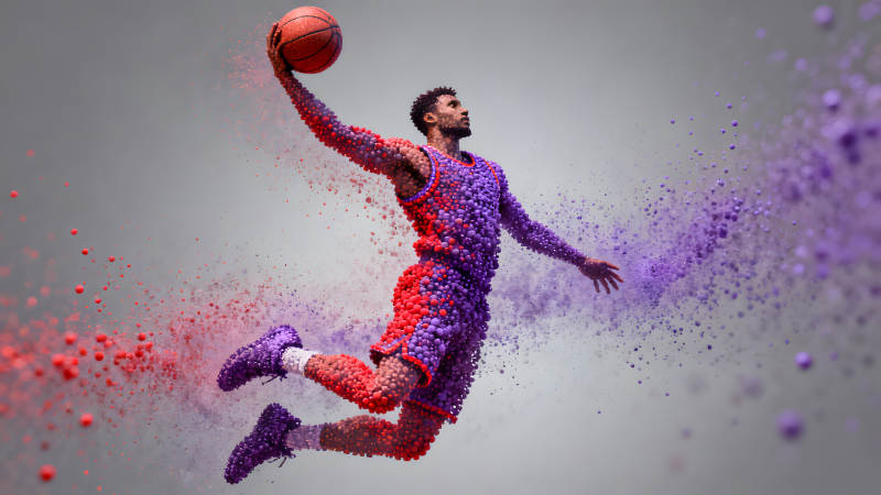 籃球運(yùn)動(dòng)員起跳扣籃的視覺效果-圖片