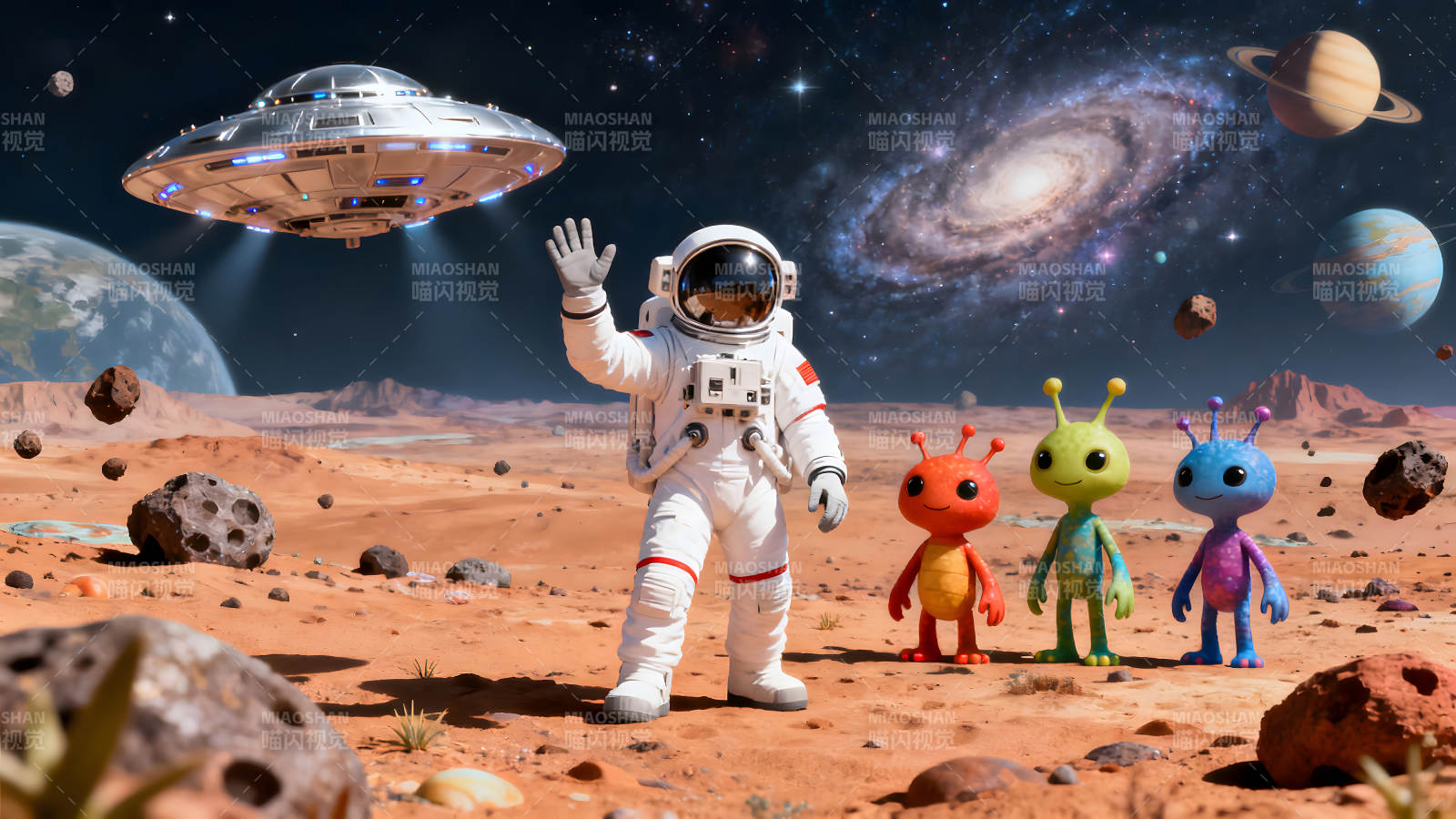 宇航员与外星人在星球上相遇-图片