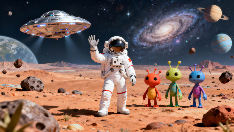 宇航员与外星人在星球上相遇-图片