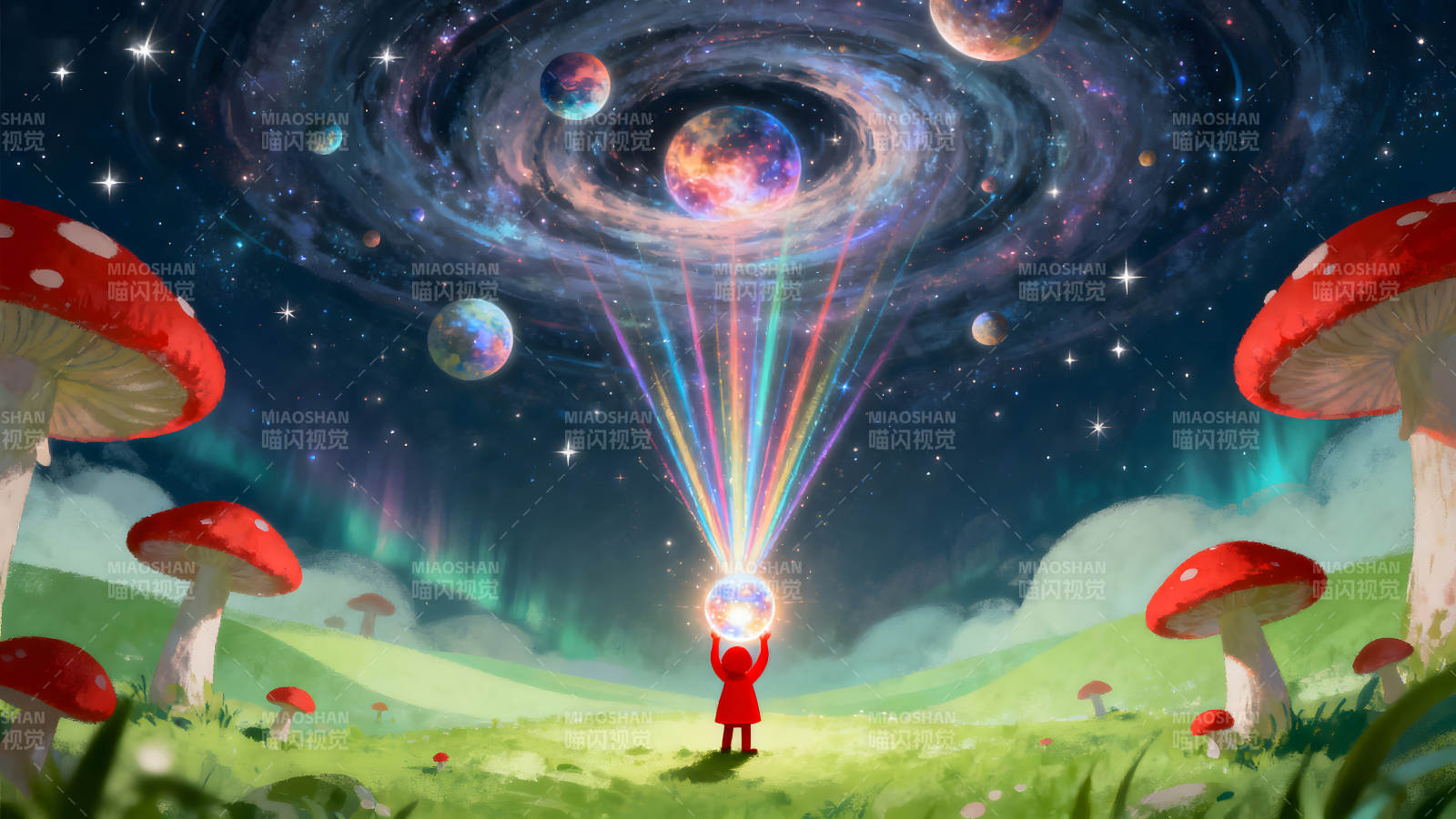 梦幻宇宙场景一个孩子举着发光的球图片